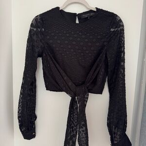Black Long Sheer Sleeve Crop Top with Tie Front